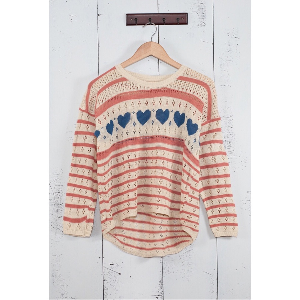 Pink/Blue Heart Striped Pointelle Knit Sweater